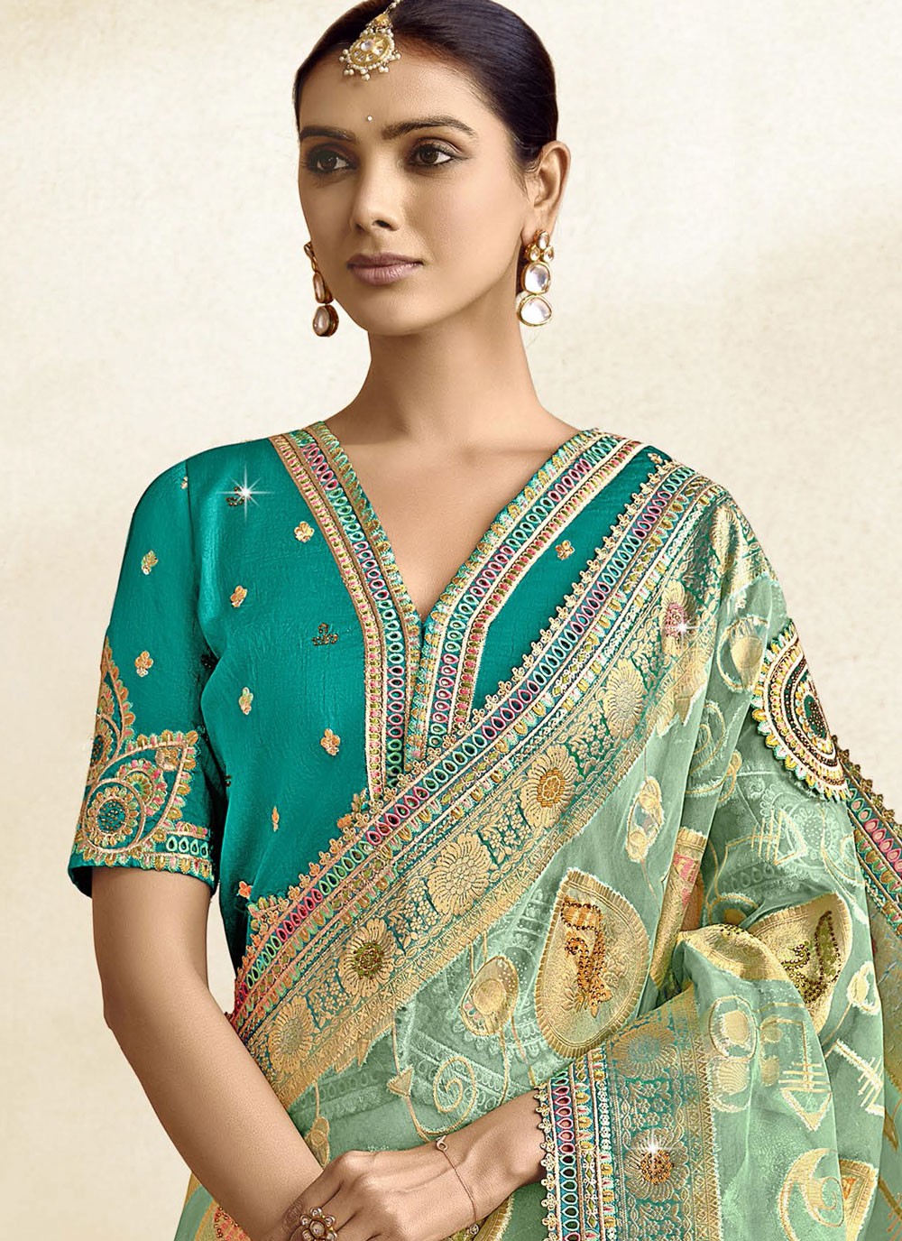 Cut Work Silk Sea Green Classic Saree S15469
