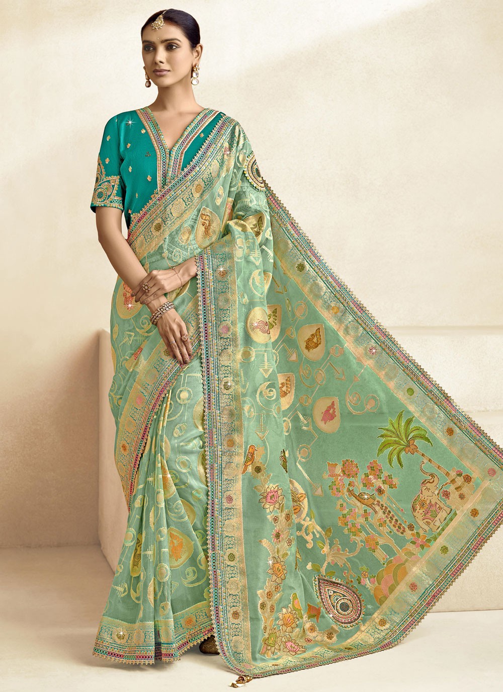 Cut Work Silk Sea Green Classic Saree S15469