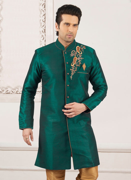 Embroidered Dupion Silk Sea Green Kurta - M6296