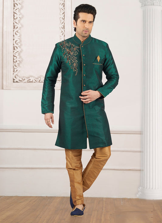 Embroidered Dupion Silk Sea Green Indo Western - M6381