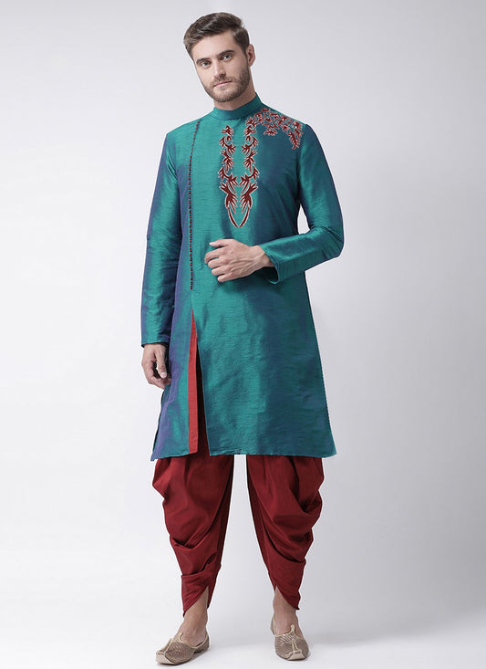 Embroidered Dupion Silk Sea Green Angrakha - M6696