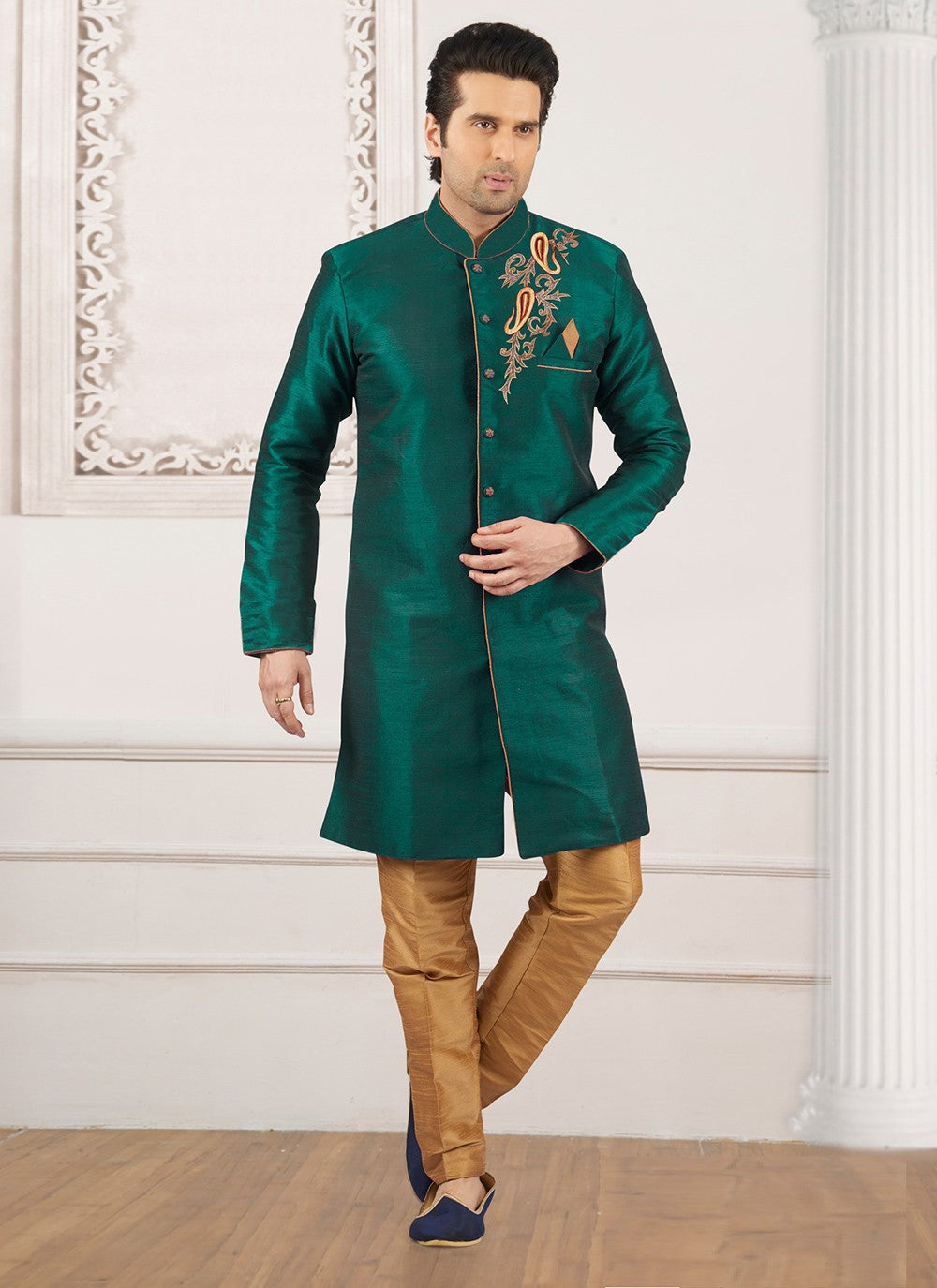 Embroidered Dupion Silk Sea Green Indo Western - M6389