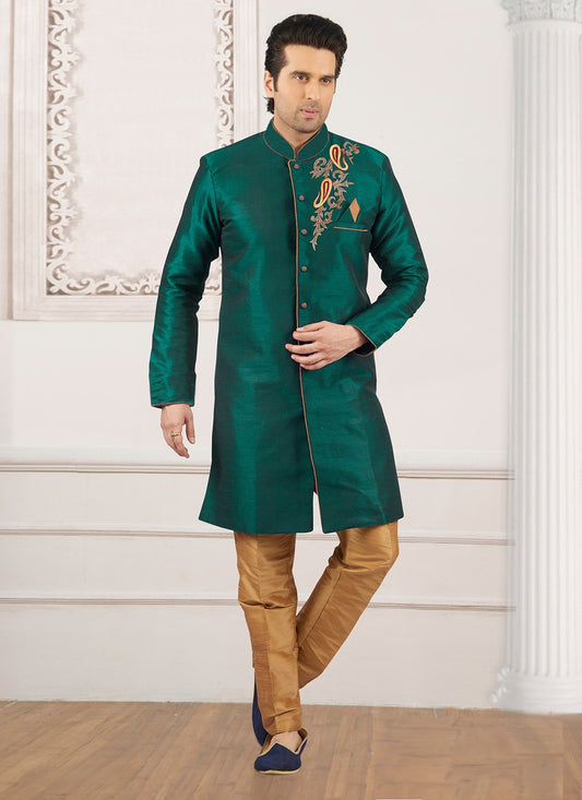 Embroidered Dupion Silk Sea Green Indo Western - M6389