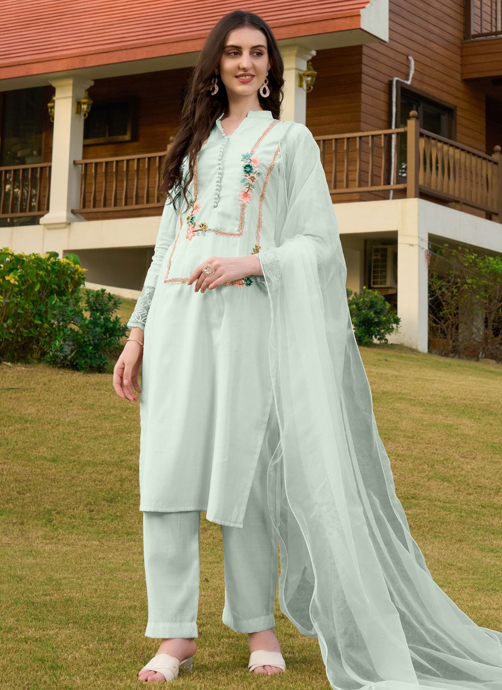 Pant Style Suit Embroidered Sea Green Silk T5346
