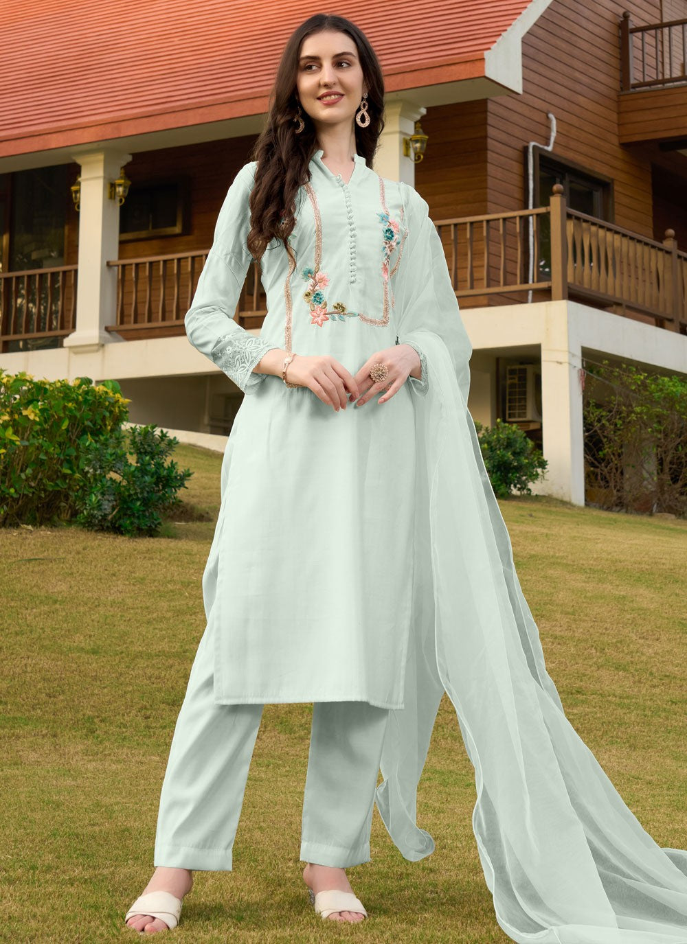 Pant Style Suit Embroidered Sea Green Silk T5346