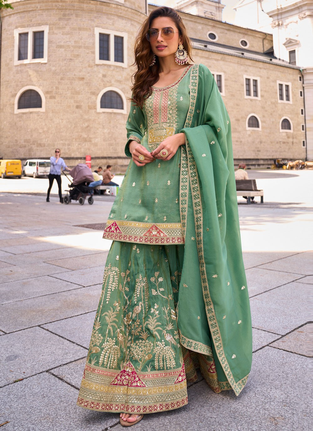 Palazzo Suit Embroidered Sea Green T8901