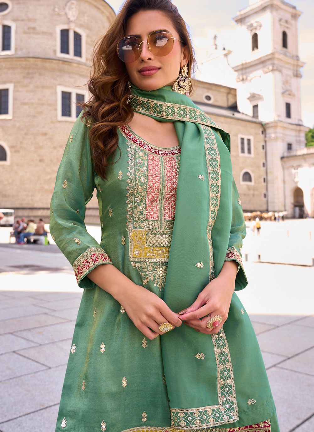 Palazzo Suit Embroidered Sea Green T8901