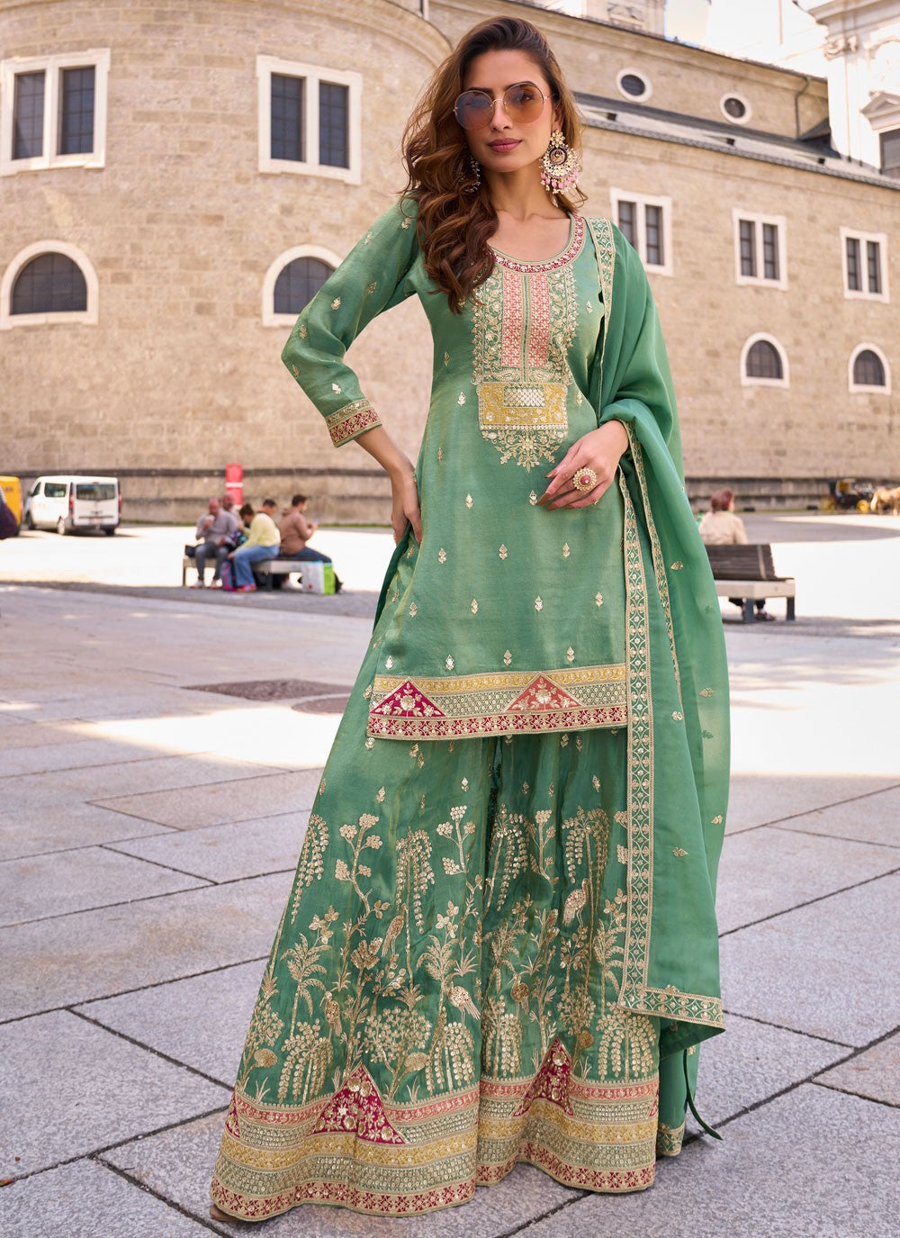 Palazzo Suit Embroidered Sea Green T8901