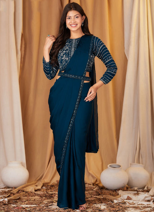 Trendy Saree Embroidered Sea Green Chinon Saree S12951