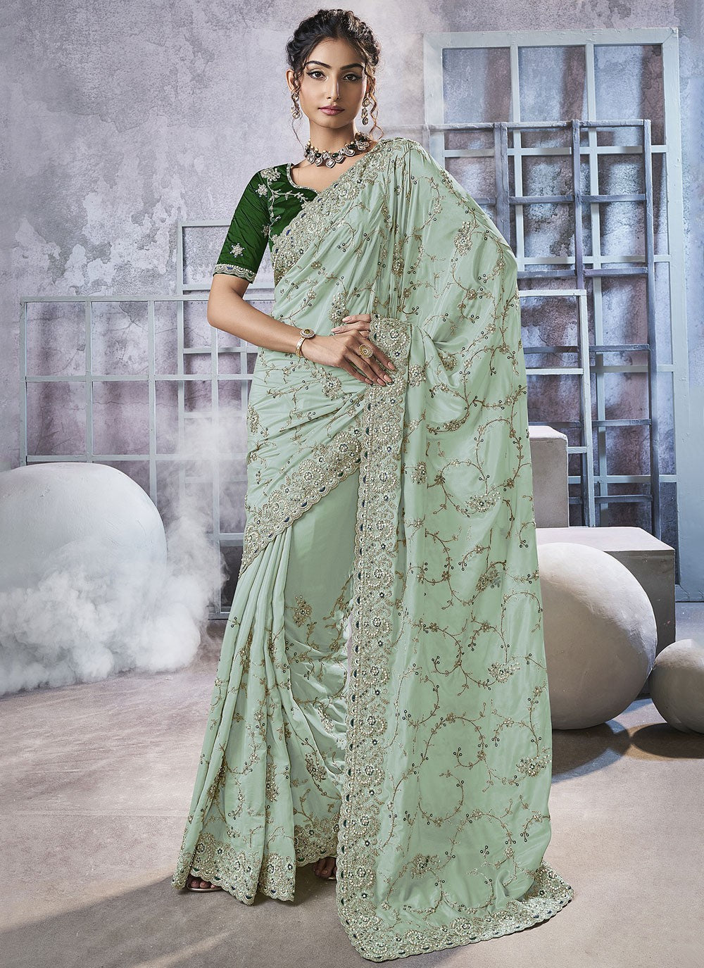 Sea Green Georgette Classic Saree Beads, Cord, Embroidered, Thread, Zari S15785
