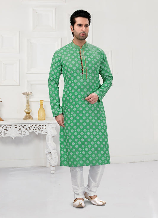 Printed Cotton Sea Green Kurta Pyjama - M3162