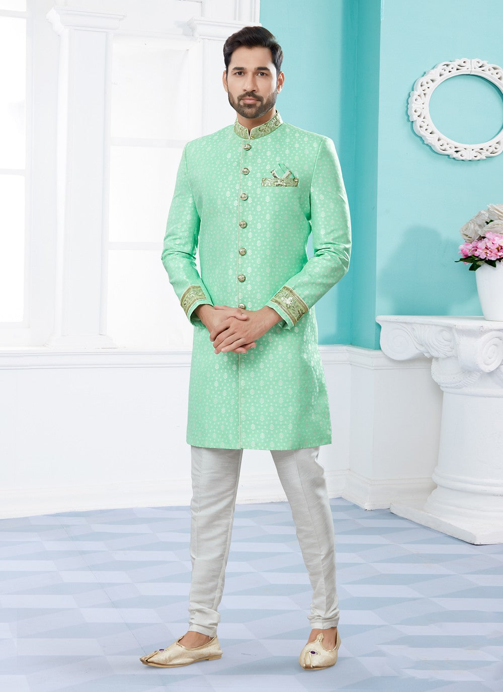 Embroidered Fancy Fabric Sea Green Indo Western Sherwani - M3931