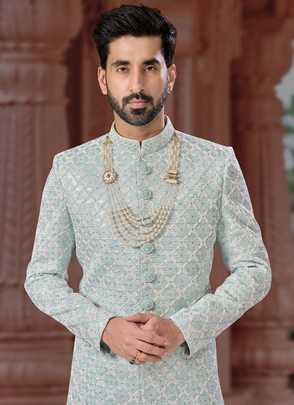 Embroidered Jacquard Sea Green Indo Western Sherwani - M7145