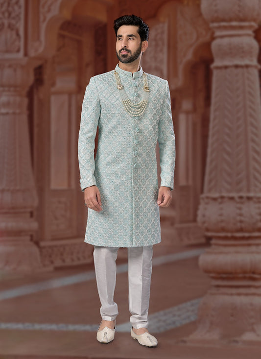 Embroidered Jacquard Sea Green Indo Western Sherwani - M7145