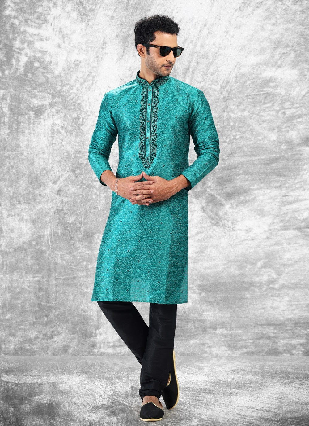 Fancy Work Brocade, Jacquard Silk Sea Green Kurta Pyjama - M4857