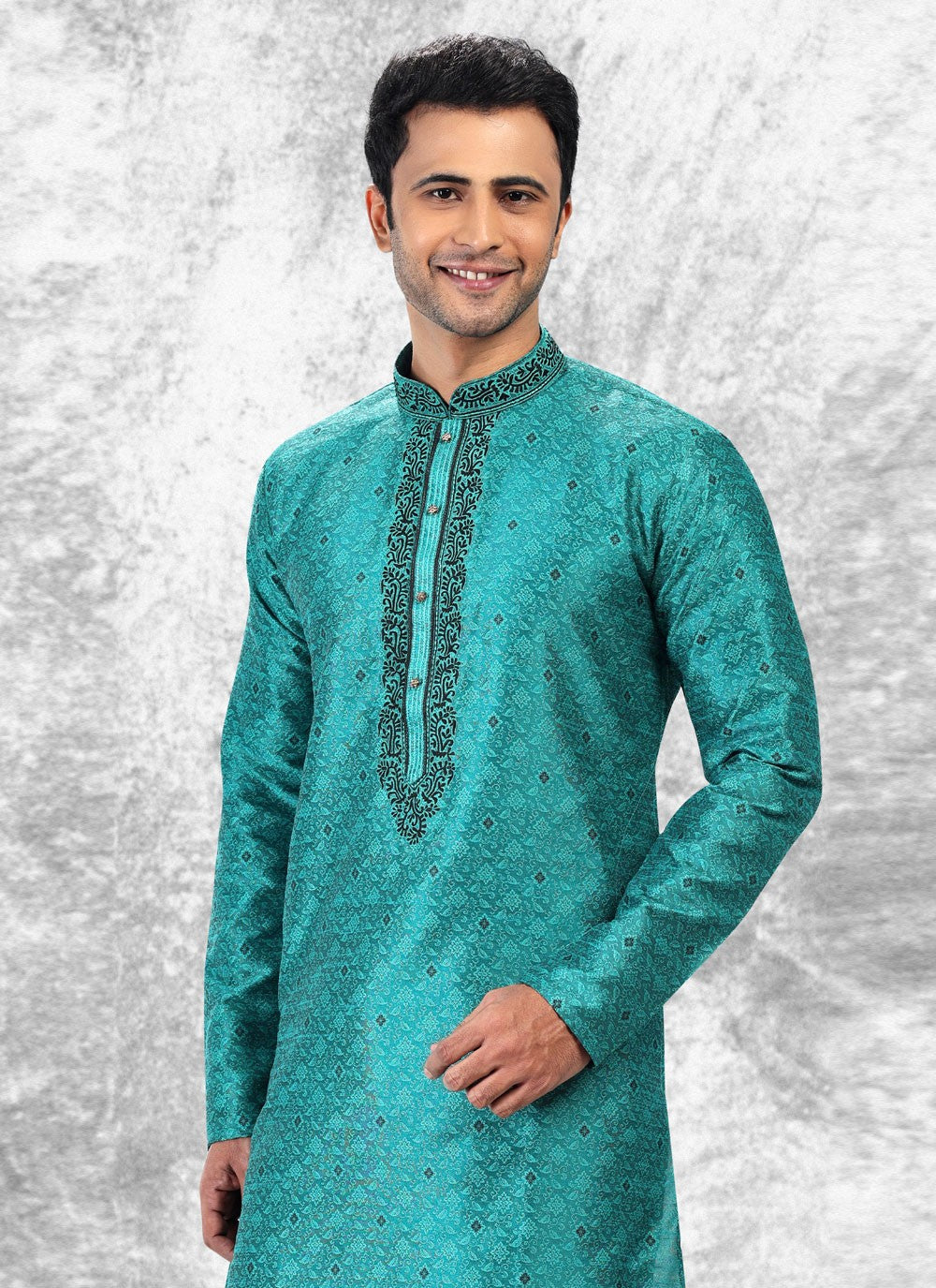 Fancy Work Brocade, Jacquard Silk Sea Green Kurta Pyjama - M4857