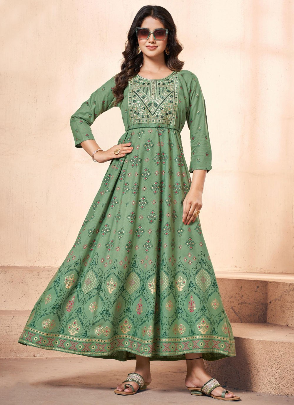 Embroidered Rayon Sea Green Gown G19811
