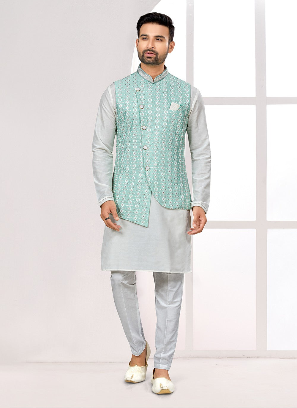 Thread Jacquard Sea Green Kurta Payjama With Jacket - M6702