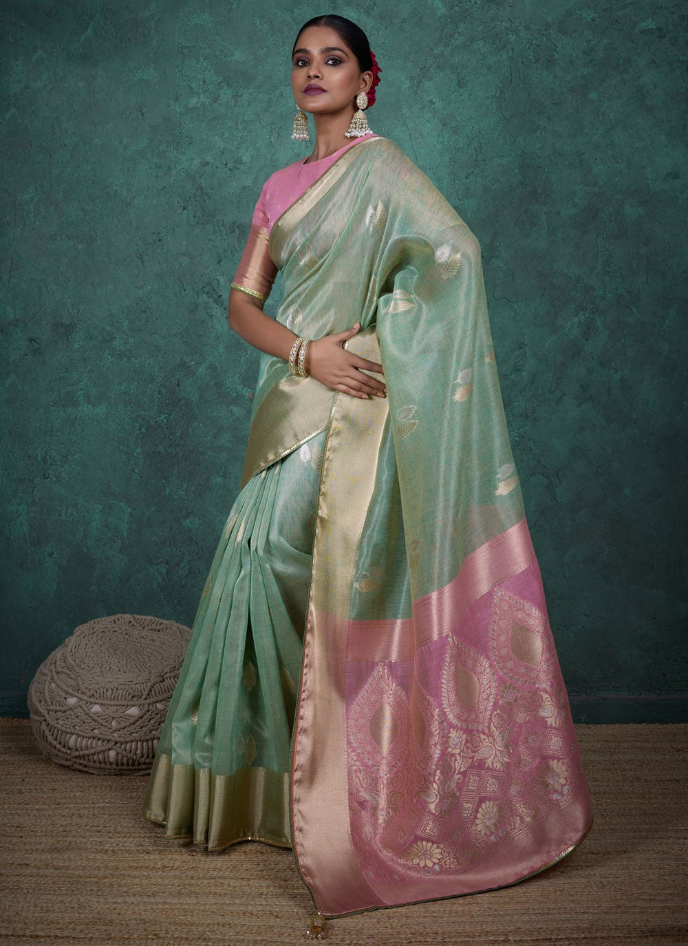 Sea Green Linen Classic Saree Woven, Zari S15711