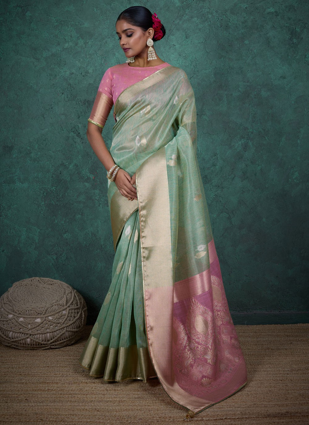Sea Green Linen Classic Saree Woven, Zari S15711