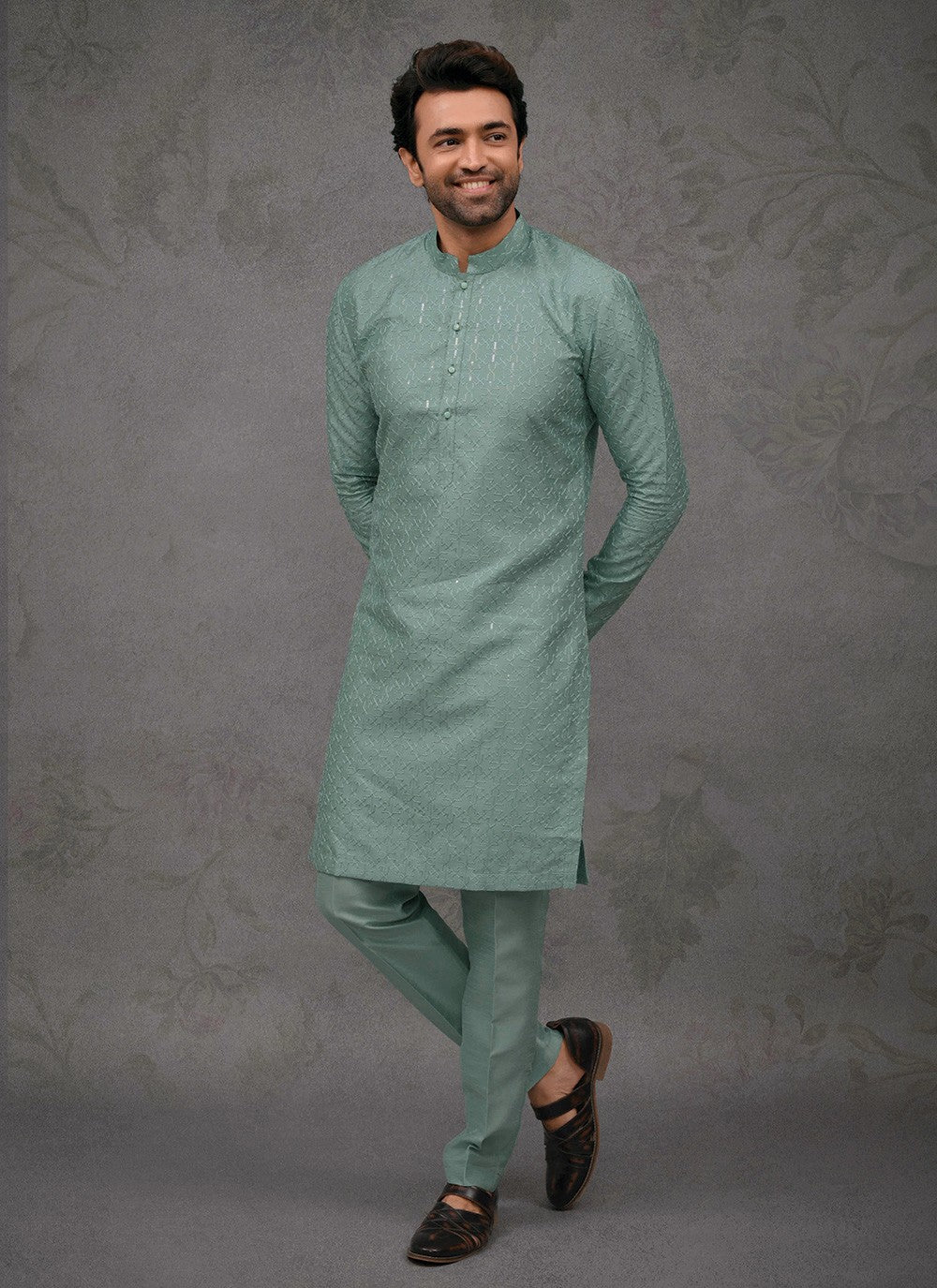 Embroidered Silk Sea Green Kurta Pyjama - M8389
