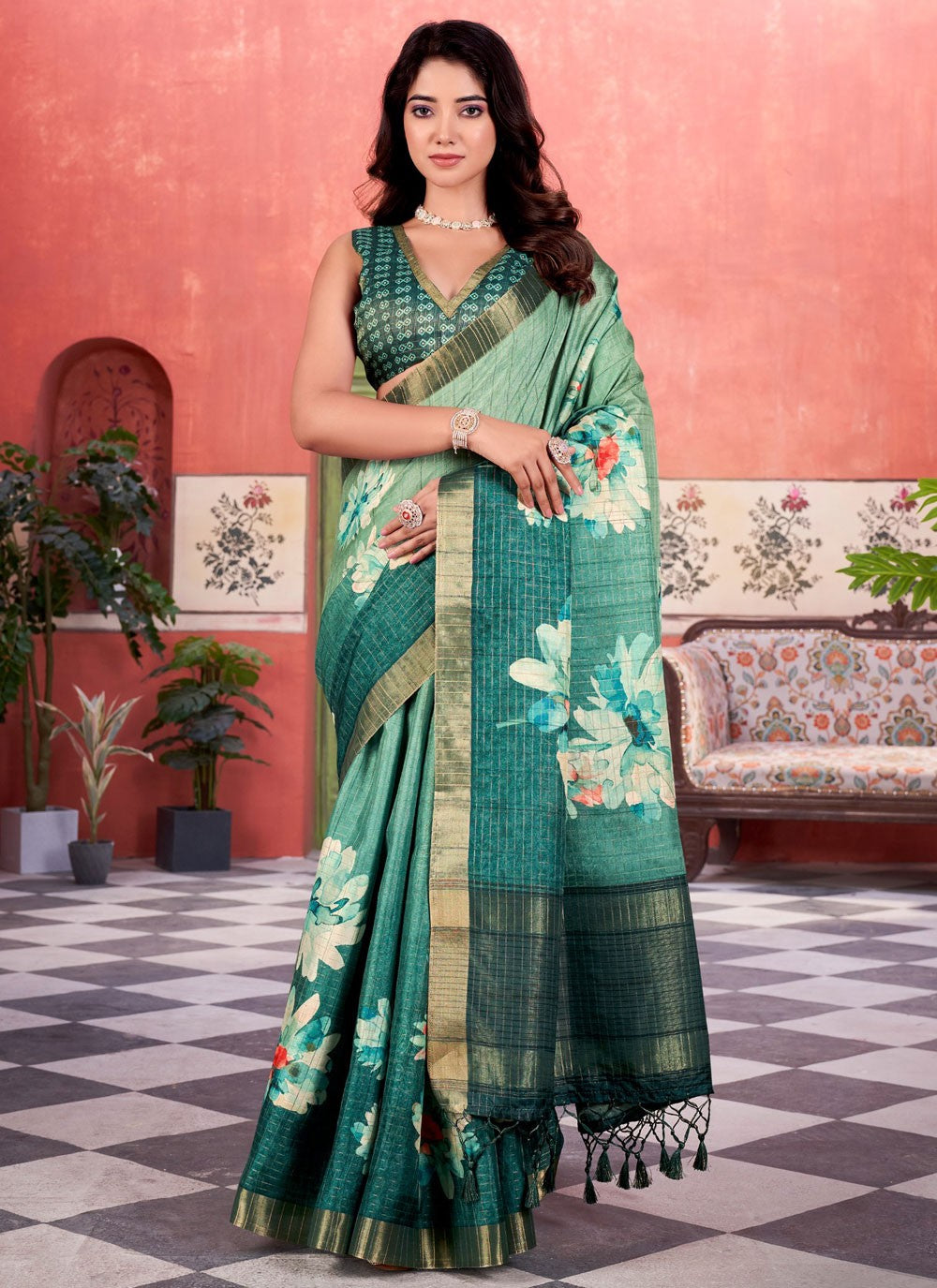 Checks Silk Sea Green Contemporary Saree S15628