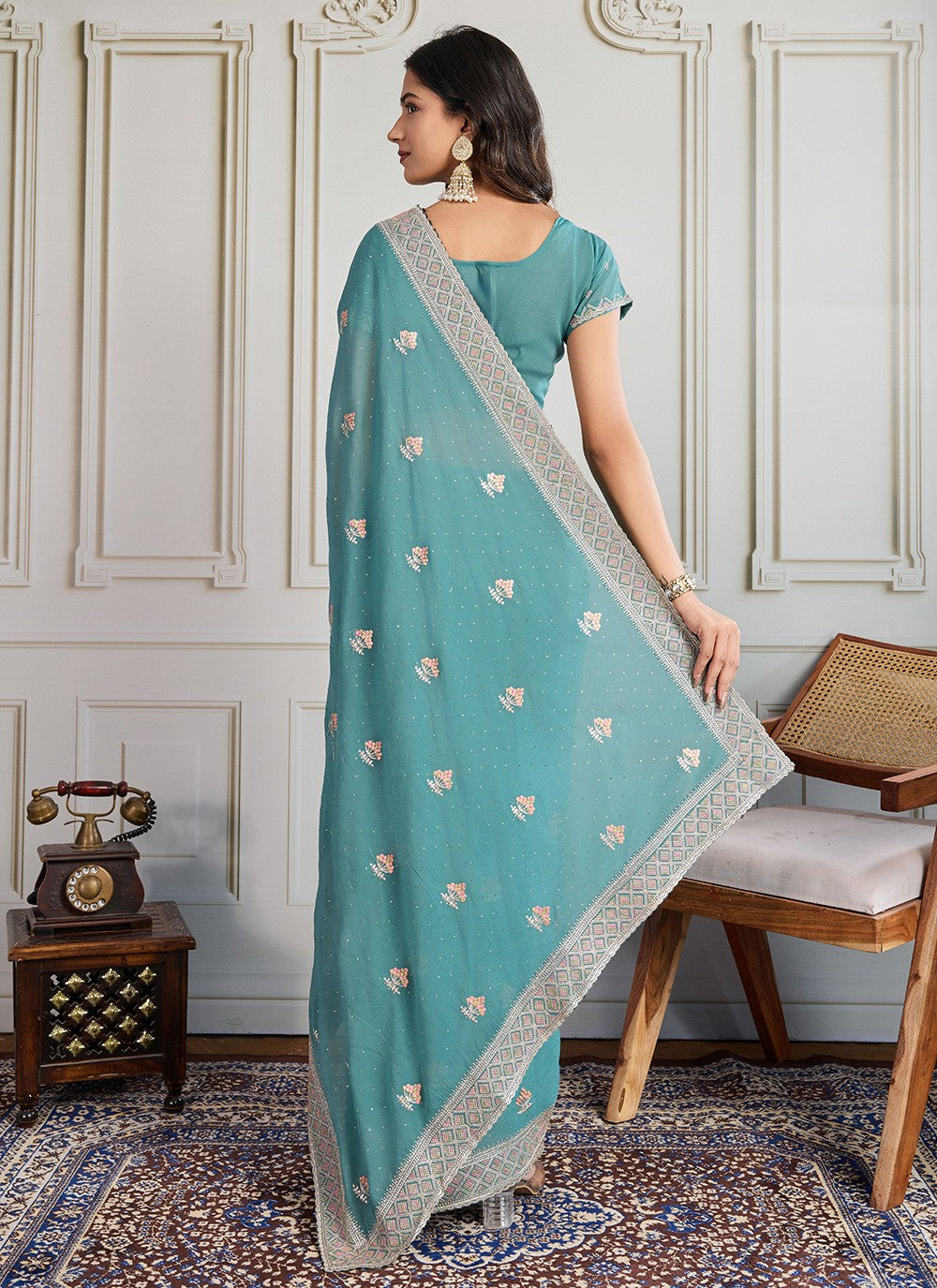 Sea Green Georgette Contemporary Saree Embroidered, Swarovski S19305