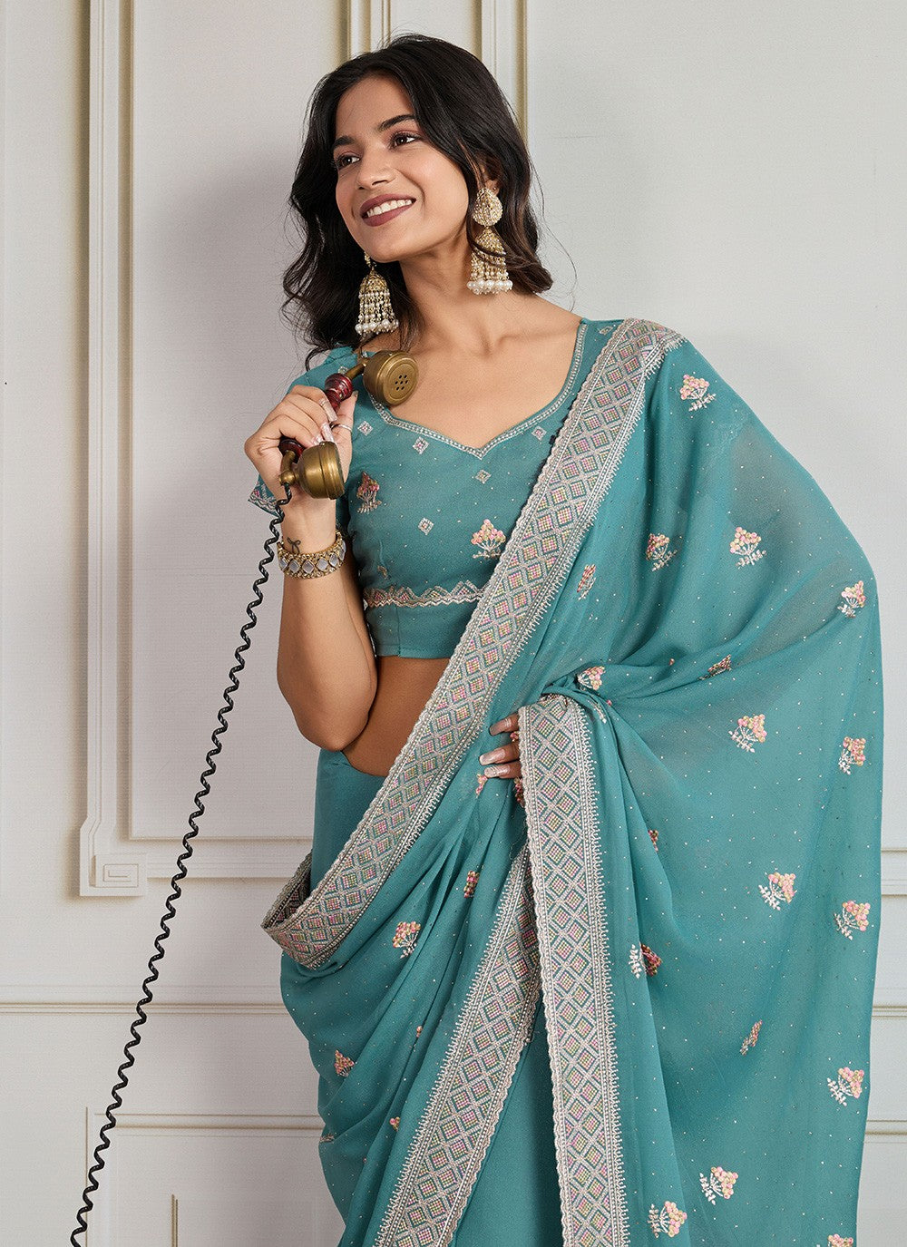 Sea Green Georgette Contemporary Saree Embroidered, Swarovski S19305