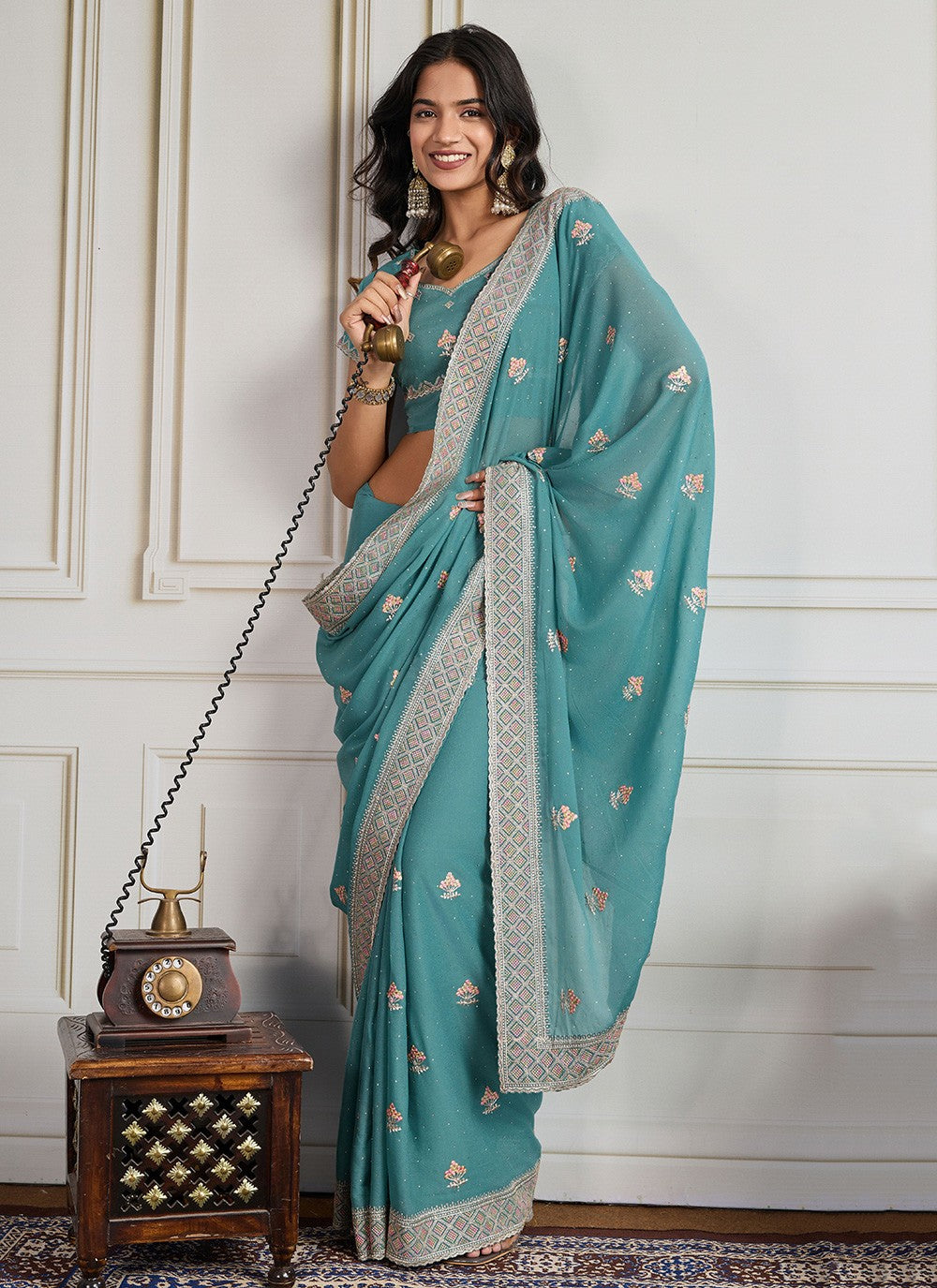 Sea Green Georgette Contemporary Saree Embroidered, Swarovski S19305