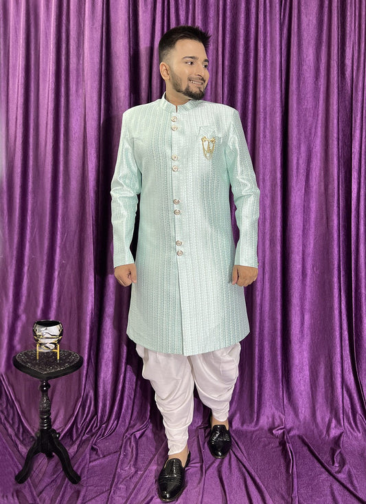 Fancy Work Jacquard Sea Green Indo Western - M5701