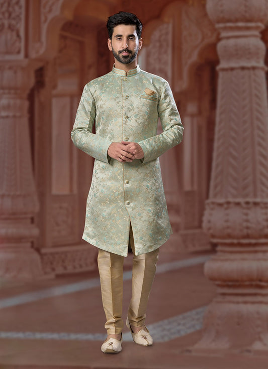 Fancy Work Jacquard Sea Green Indo Western Sherwani - M7170