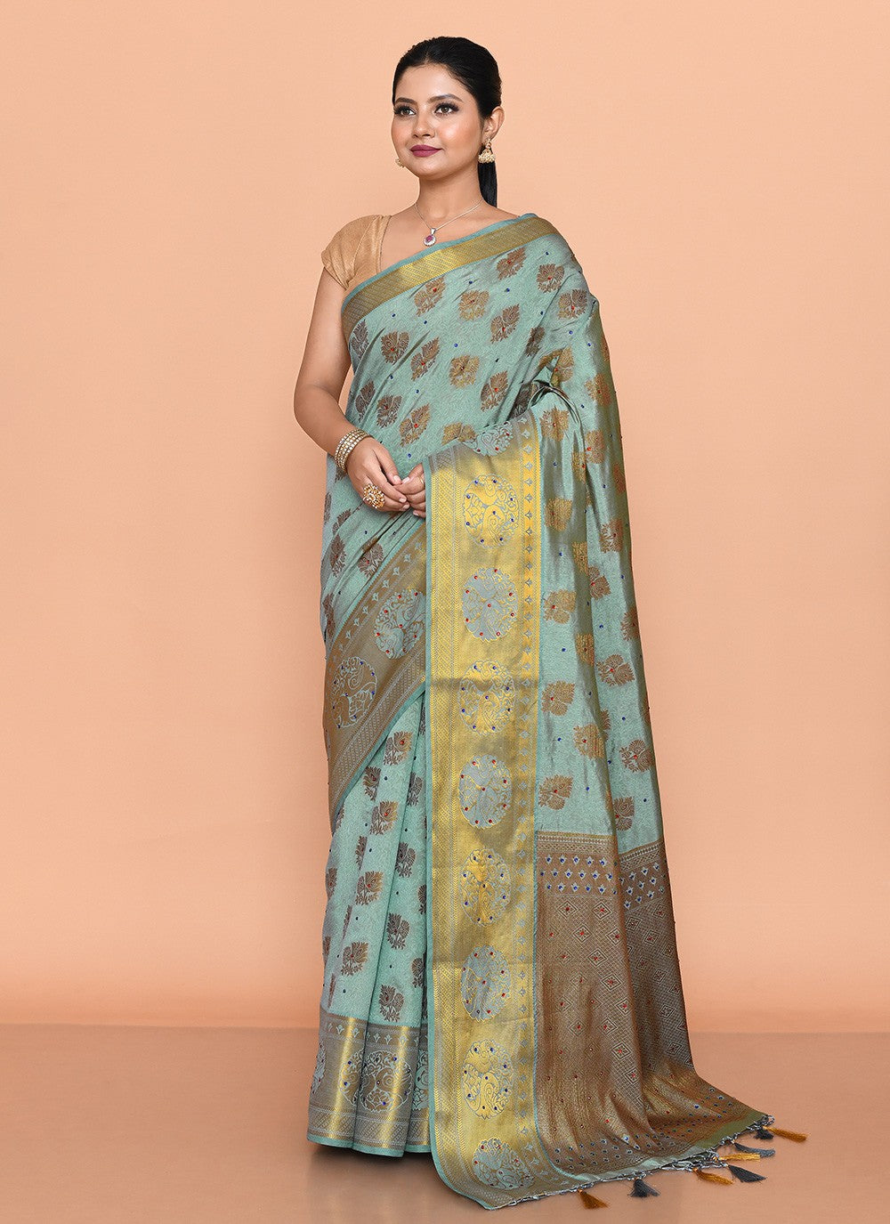 Classic Saree Hand Embroidery Sea Green Kanjivaram Silk Saree S13102