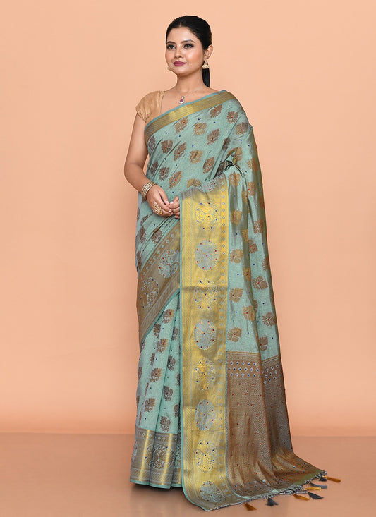 Classic Saree Hand Embroidery Sea Green Kanjivaram Silk Saree S13102