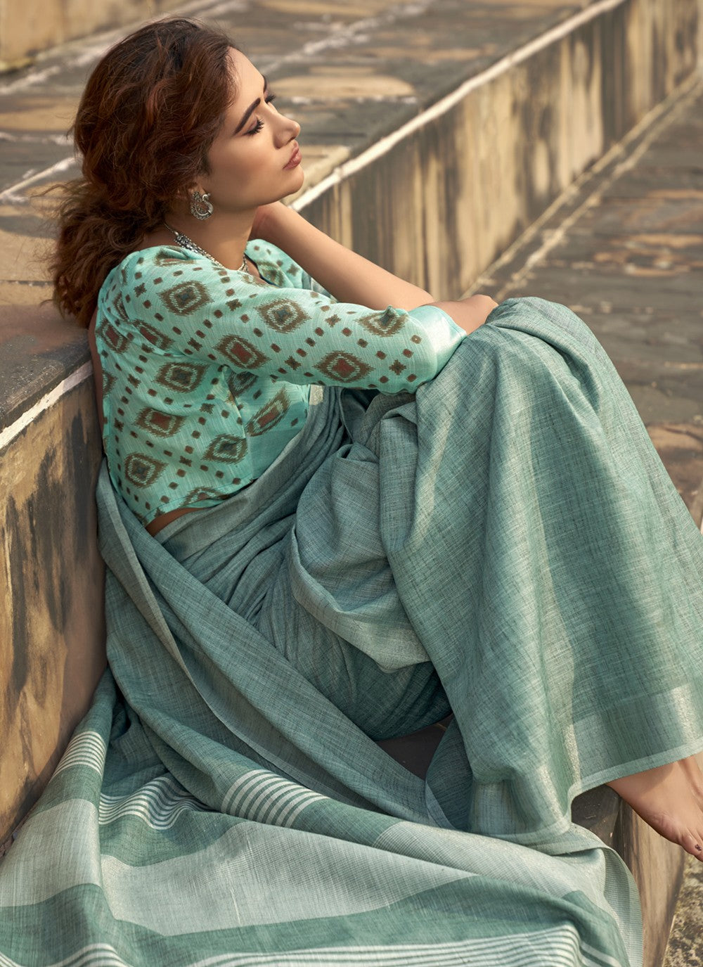 Classic Printed Linen, Silk Saree - S4119