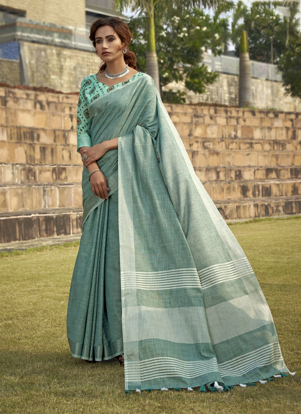 Classic Printed Linen, Silk Saree - S4119