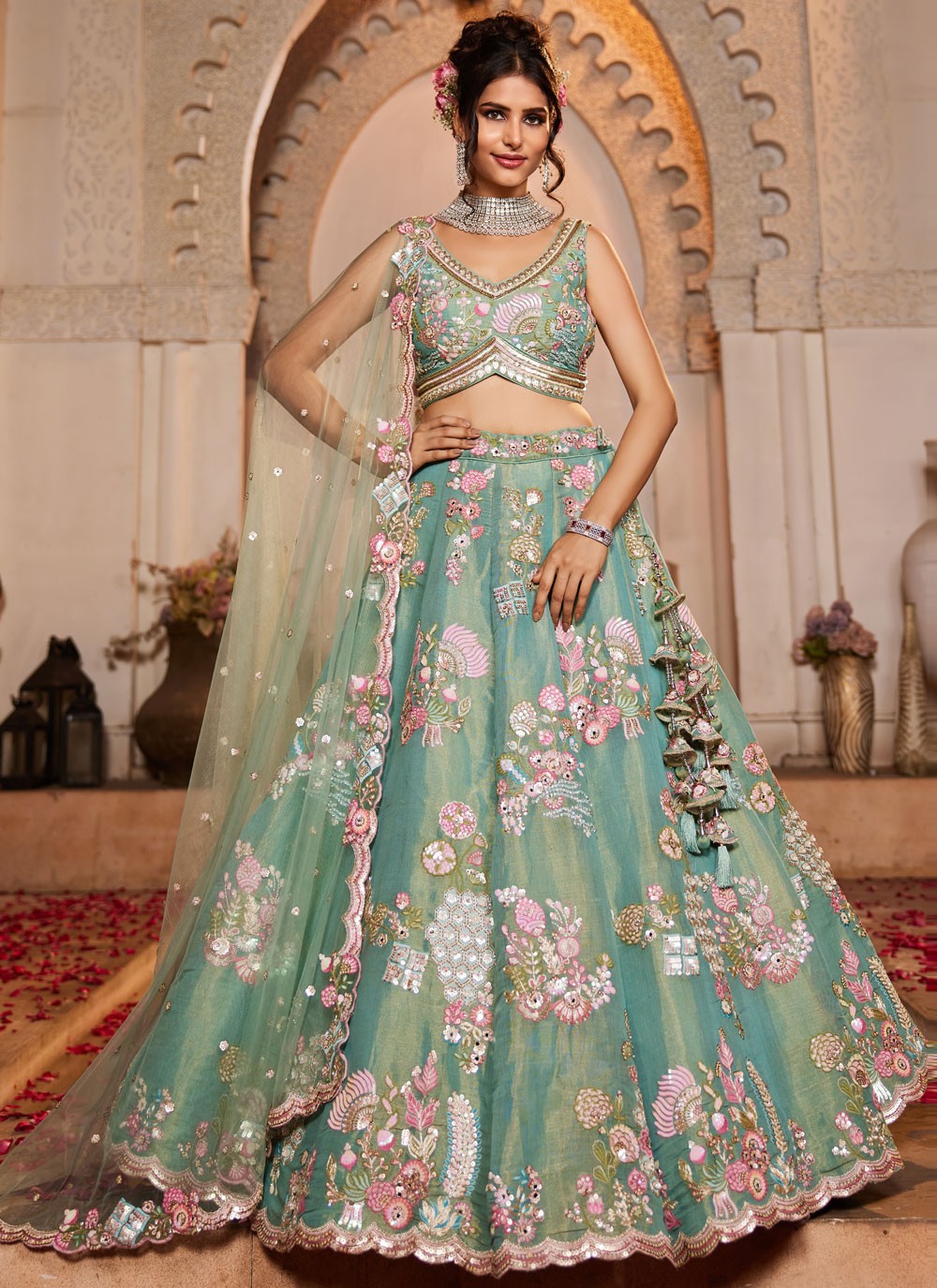 Net Engagement, Mehandi & Sangeet, Reception, Wedding A - Line Lehenga L3536