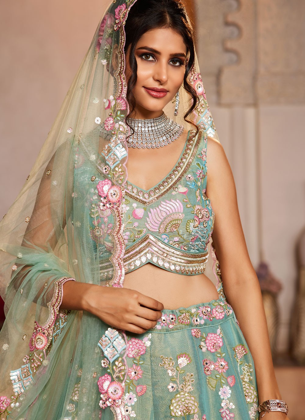 Net Engagement, Mehandi & Sangeet, Reception, Wedding A - Line Lehenga L3536