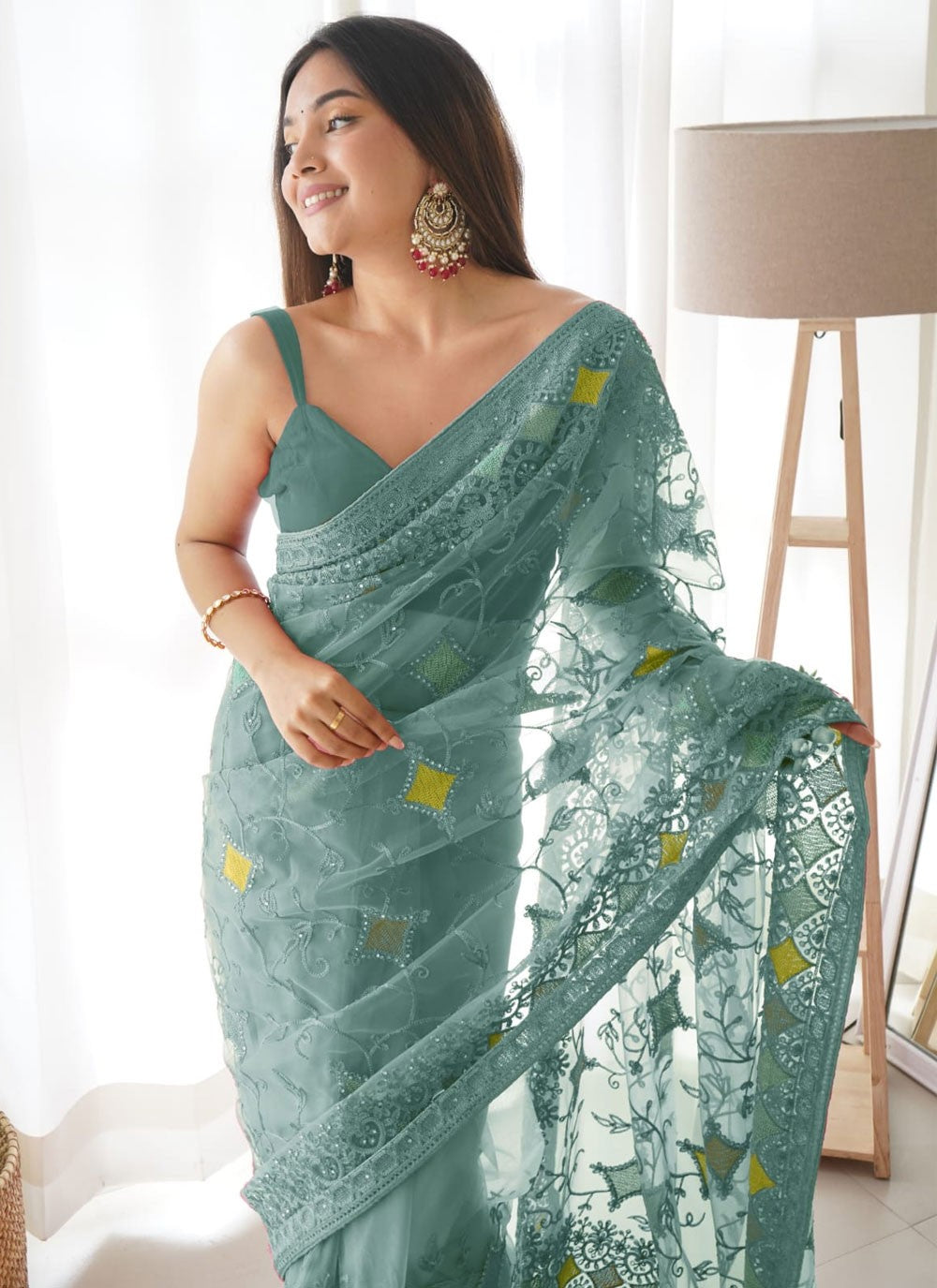 Embroidered Net Sea Green Saree S14394