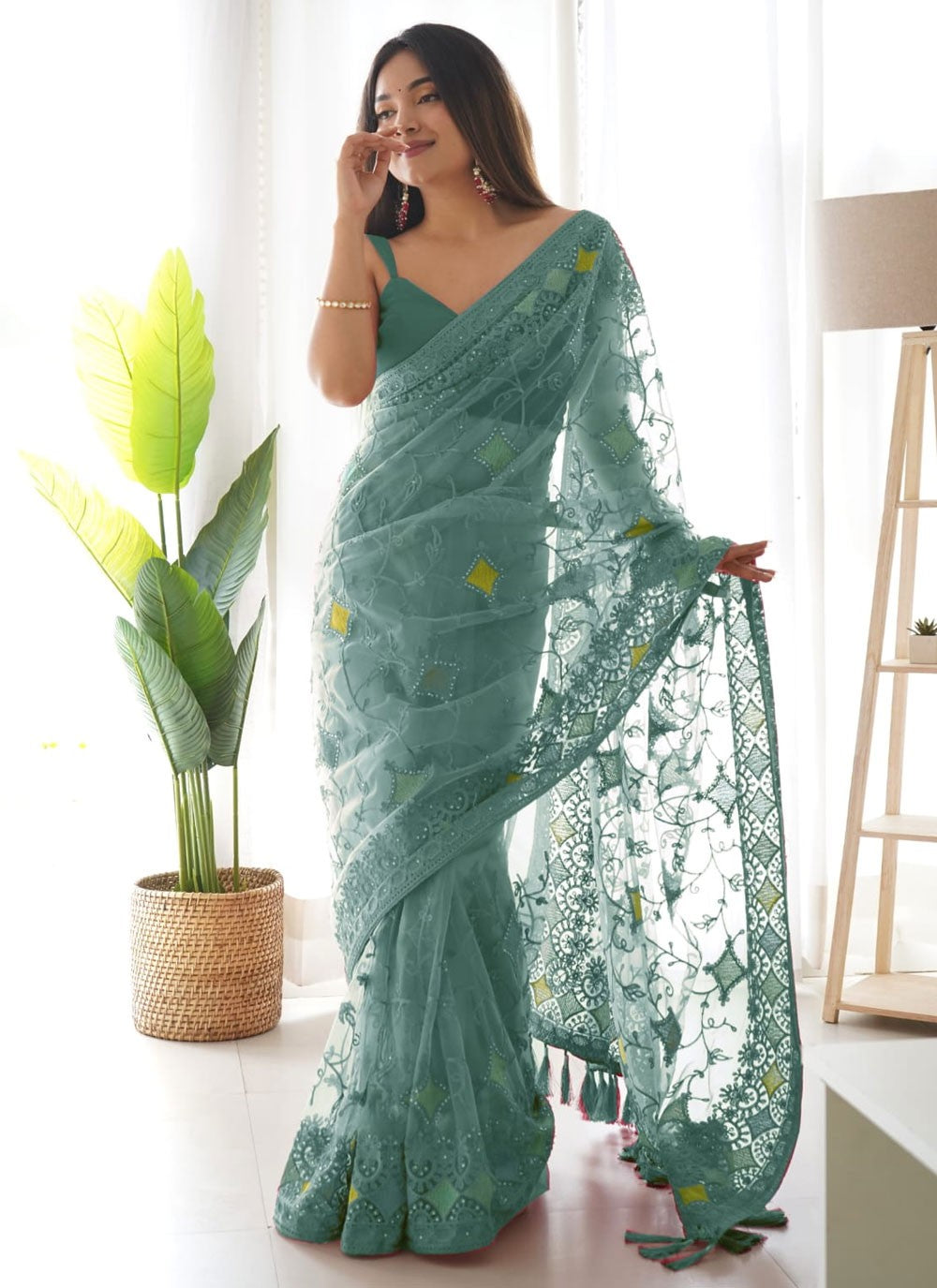 Embroidered Net Sea Green Saree S14394