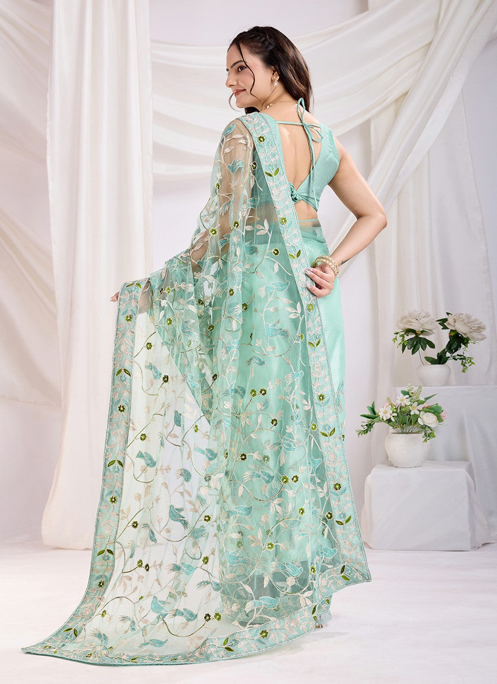 Embroidered Net Sea Green Saree S13801