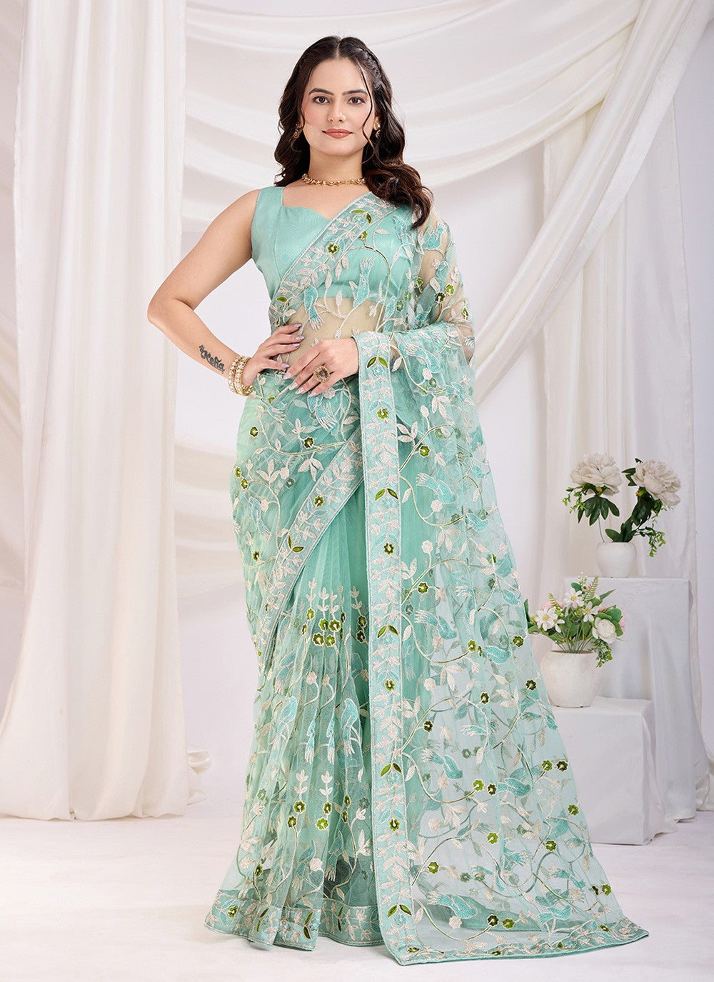 Embroidered Net Sea Green Saree S13801