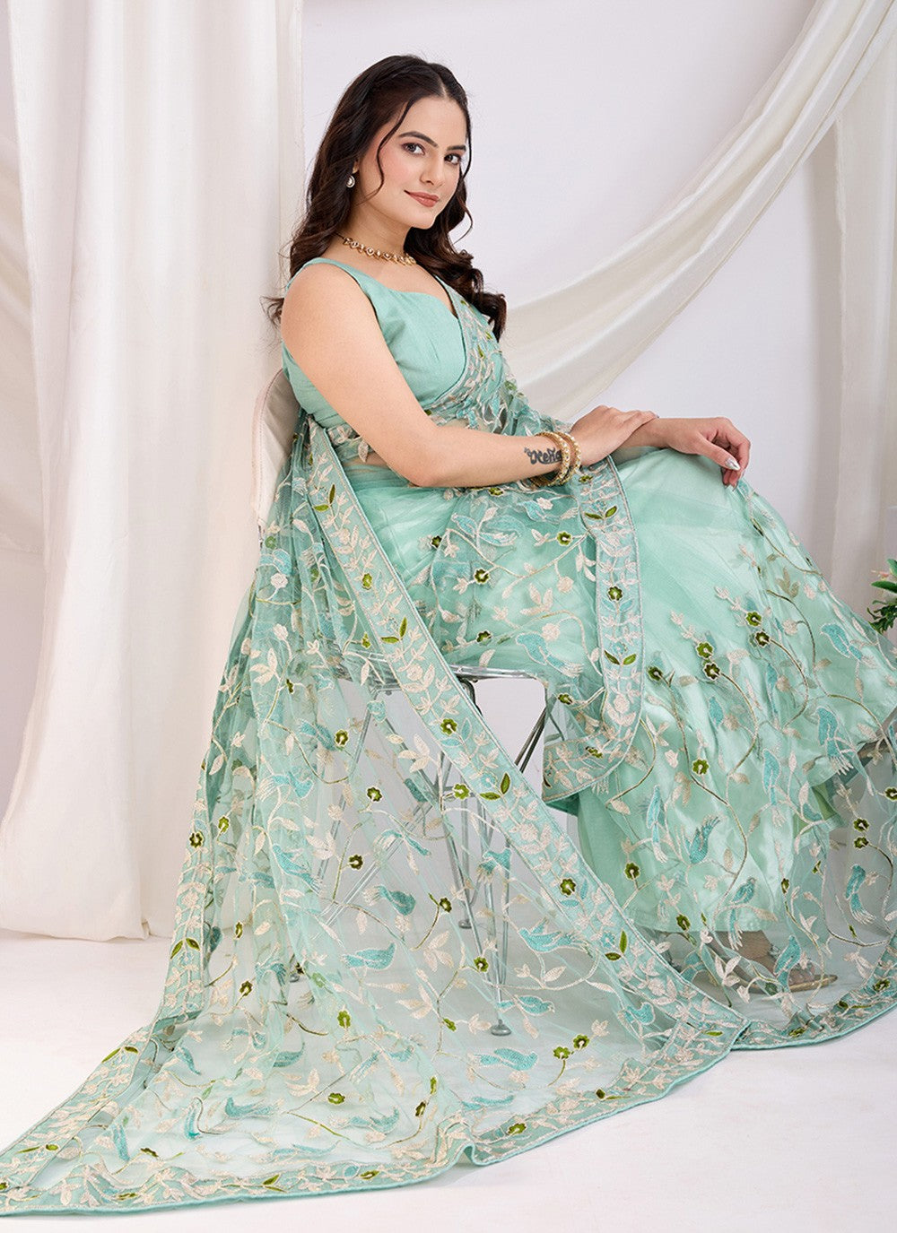 Embroidered Net Sea Green Saree S13801