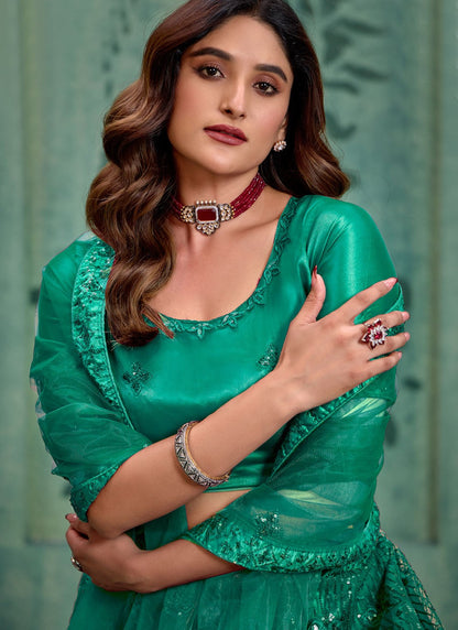 Embroidered Net Sea Green Lehenga - L3288
