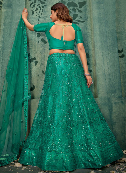 Embroidered Net Sea Green Lehenga - L3288