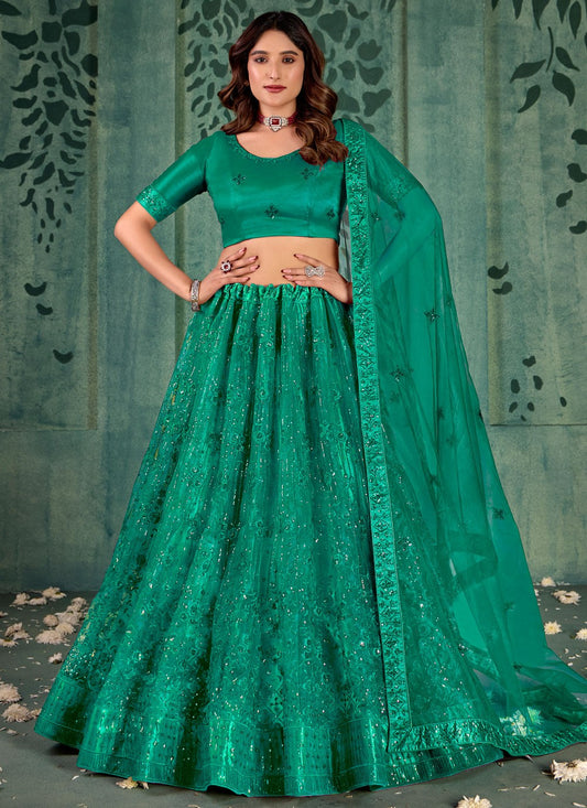 Embroidered Net Sea Green Lehenga - L3288
