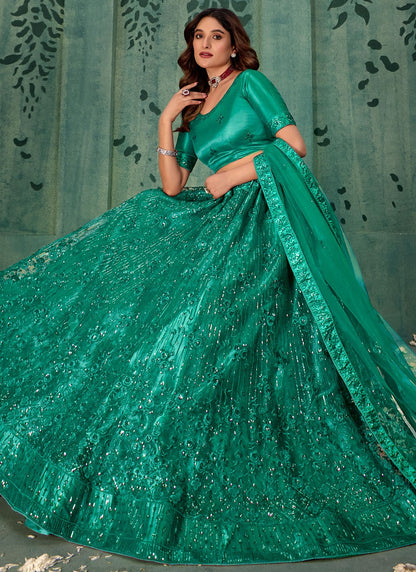 Embroidered Net Sea Green Lehenga - L3288