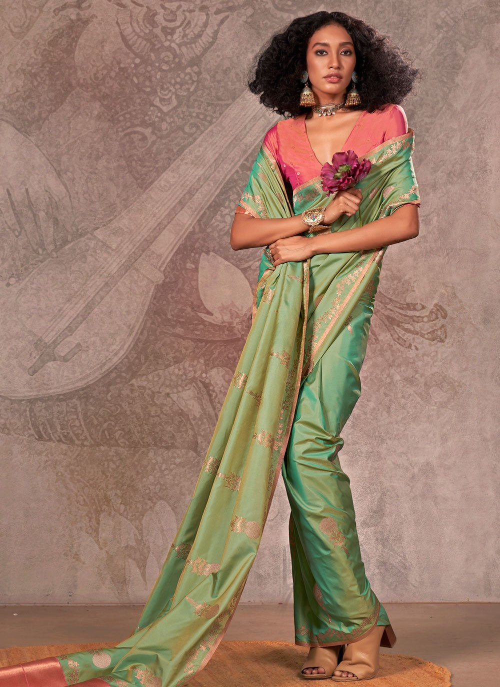 Contemporary Weaving Zari Sea Green Handloom Silk Saree S13294