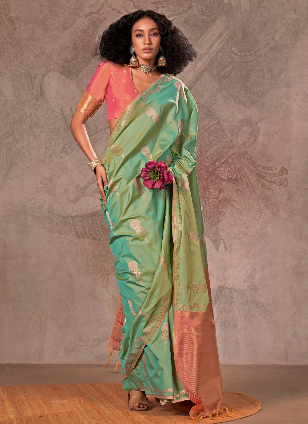 Contemporary Weaving Zari Sea Green Handloom Silk Saree S13294
