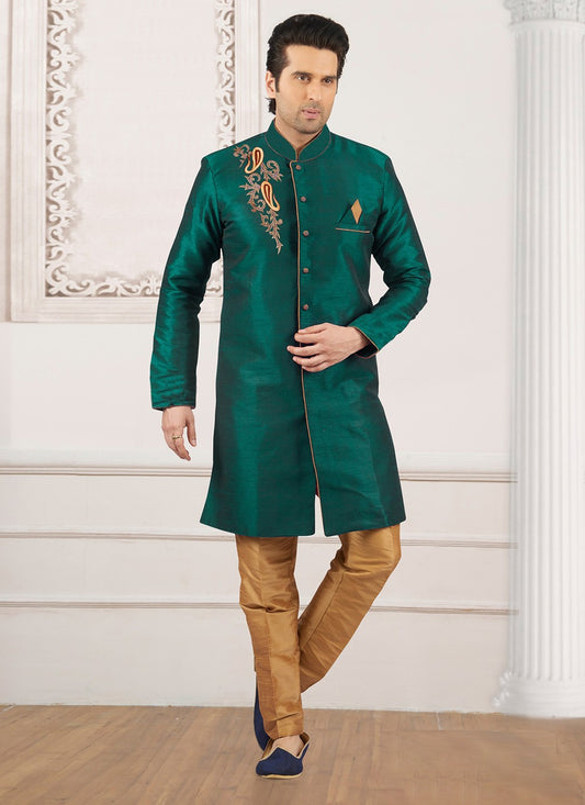 Embroidered Dupion Silk Sea Green Indo Western - M6395