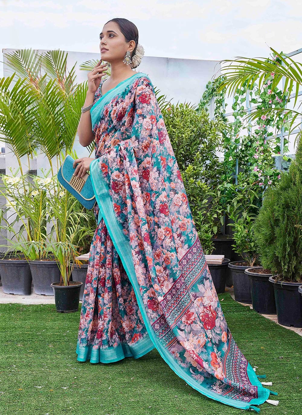 Classic Digital Print Linen Saree - S9004